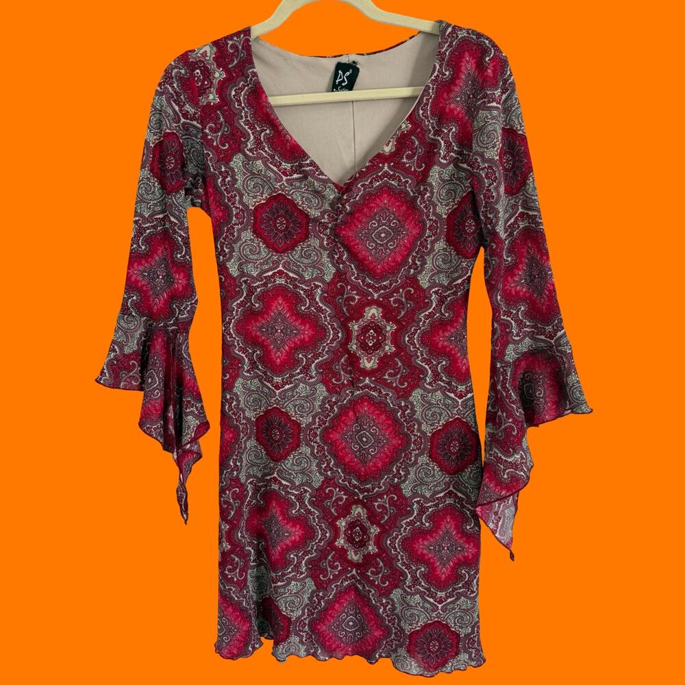 90's 00's vintage paisley groovy mesh bell sleeve y2k mini dress M/L